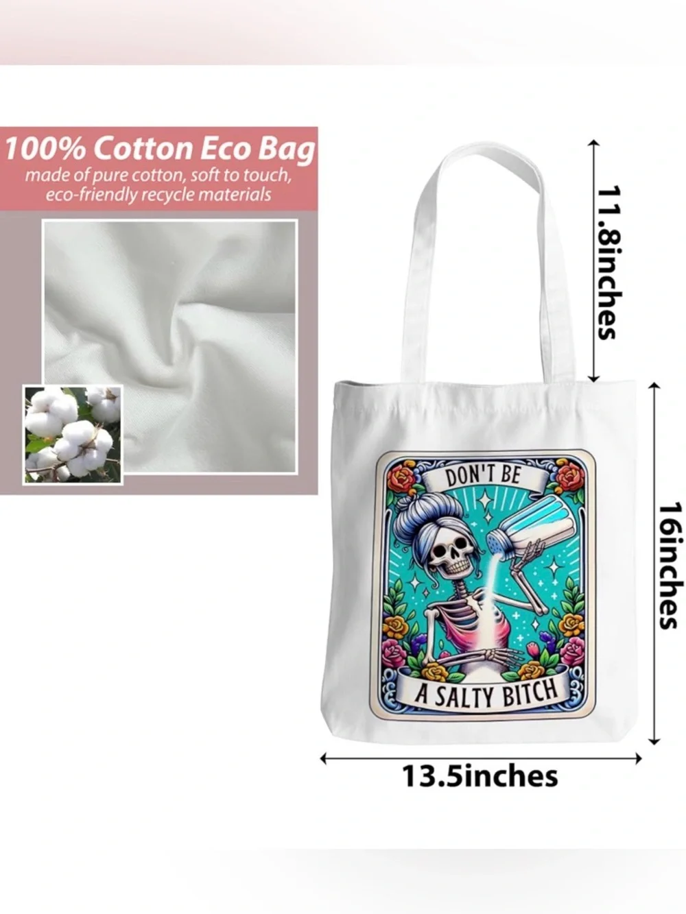 NWT Don't Be A Salty B!tch Skeleton Tote Bag Cotton Eco-Friendly Tarot Style - Picture 5 of 7